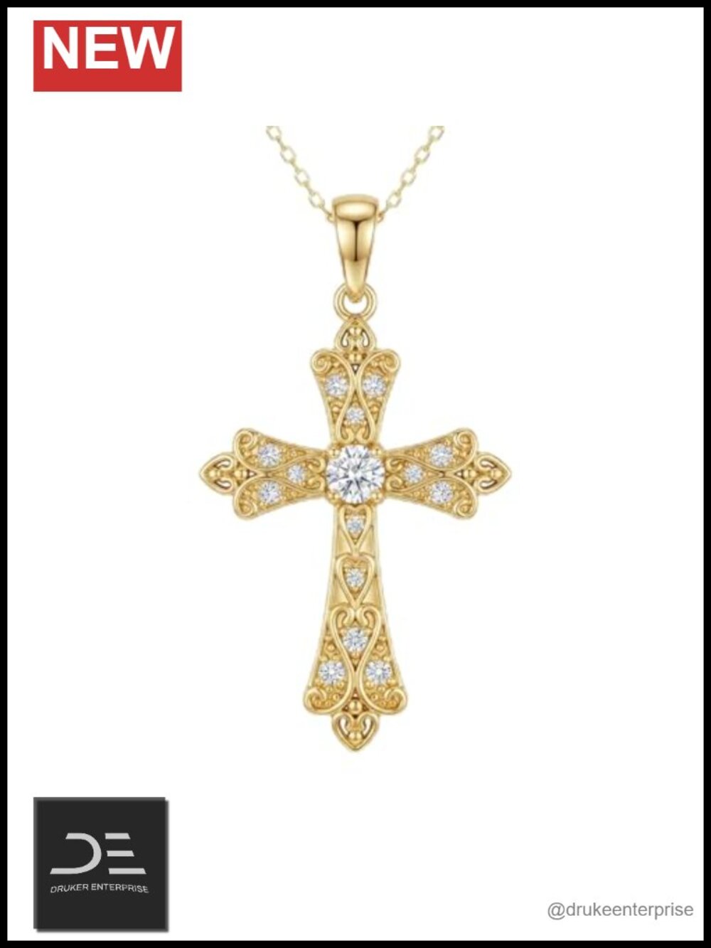 Sterling Silver 14K Gold Plated Vintage Filigree Cross Pendant Necklace